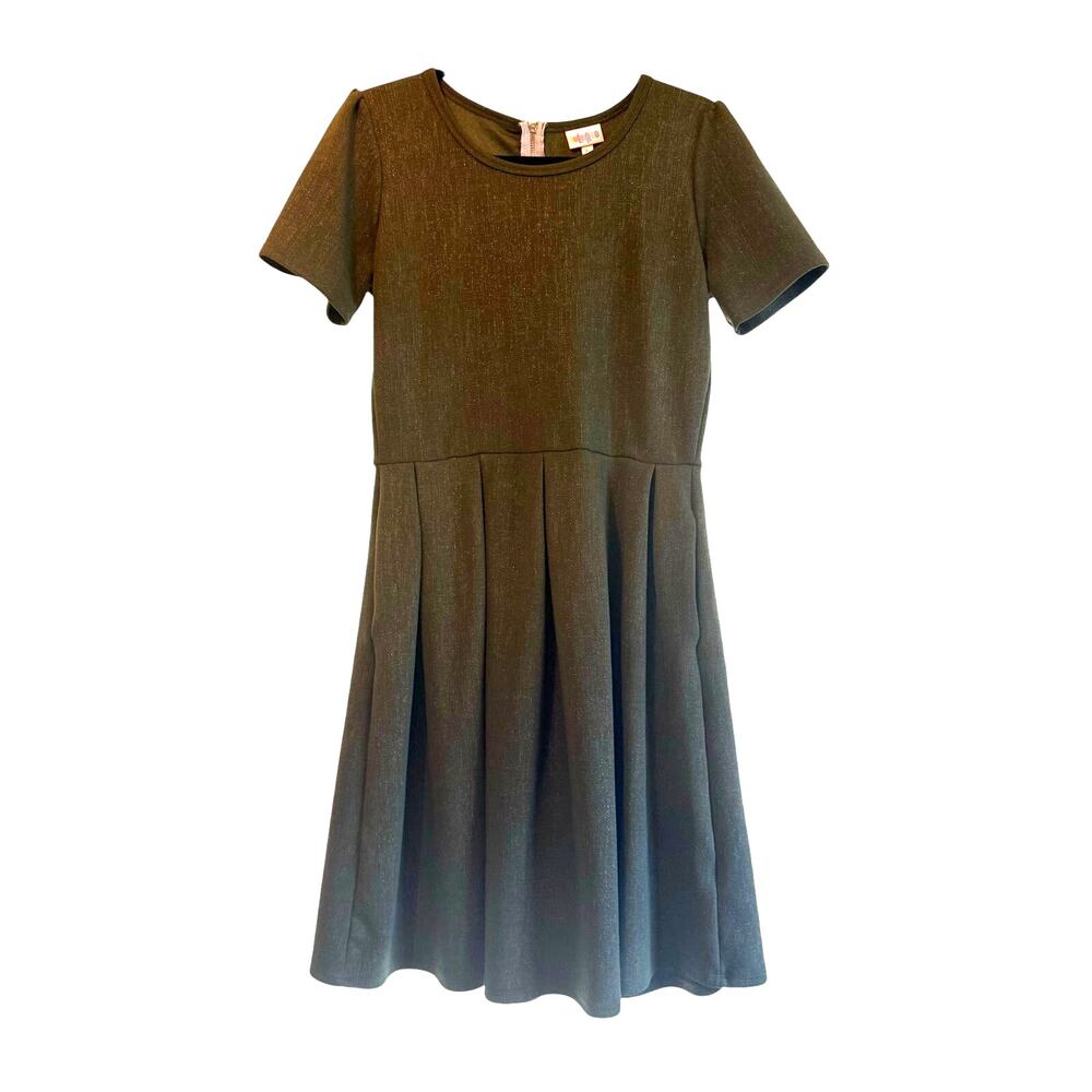 LuLaRoe Women's Olive Green Short Sleeve Pleated Fit & Flare Dress Sz L